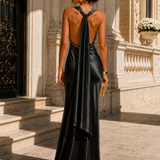 Vestido Longo Glamour Acetinado Decote Drapeado