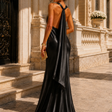 Vestido Longo Glamour Acetinado Decote Drapeado