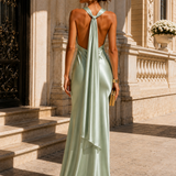 Vestido Longo Glamour Acetinado Decote Drapeado