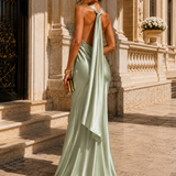 Vestido Longo Glamour Acetinado Decote Drapeado