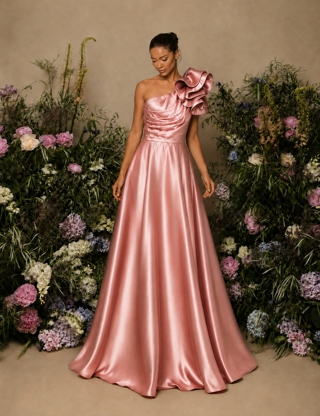 Vestido Longo Glamour Decote Folho Drapeado