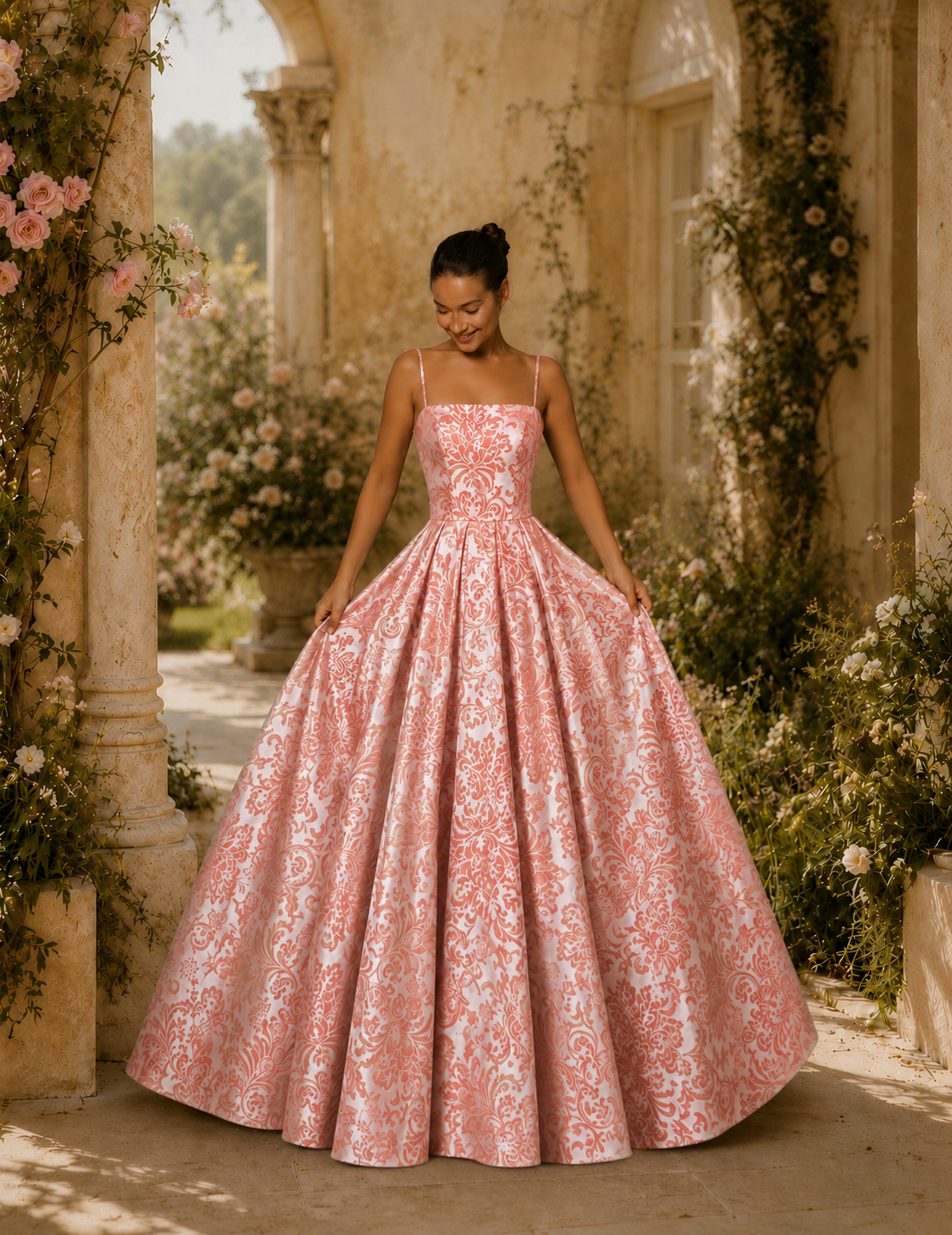 Vestido Longo Glamour Jacquard Com Padrão