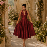 Vestido Longo Glamour Jacquard Halter Com Recorte Princesa