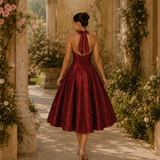 Vestido Longo Glamour Jacquard Halter Com Recorte Princesa