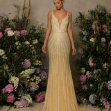 Vestido Longo Glamour Strass Bidimensional Com Abertura Lateral