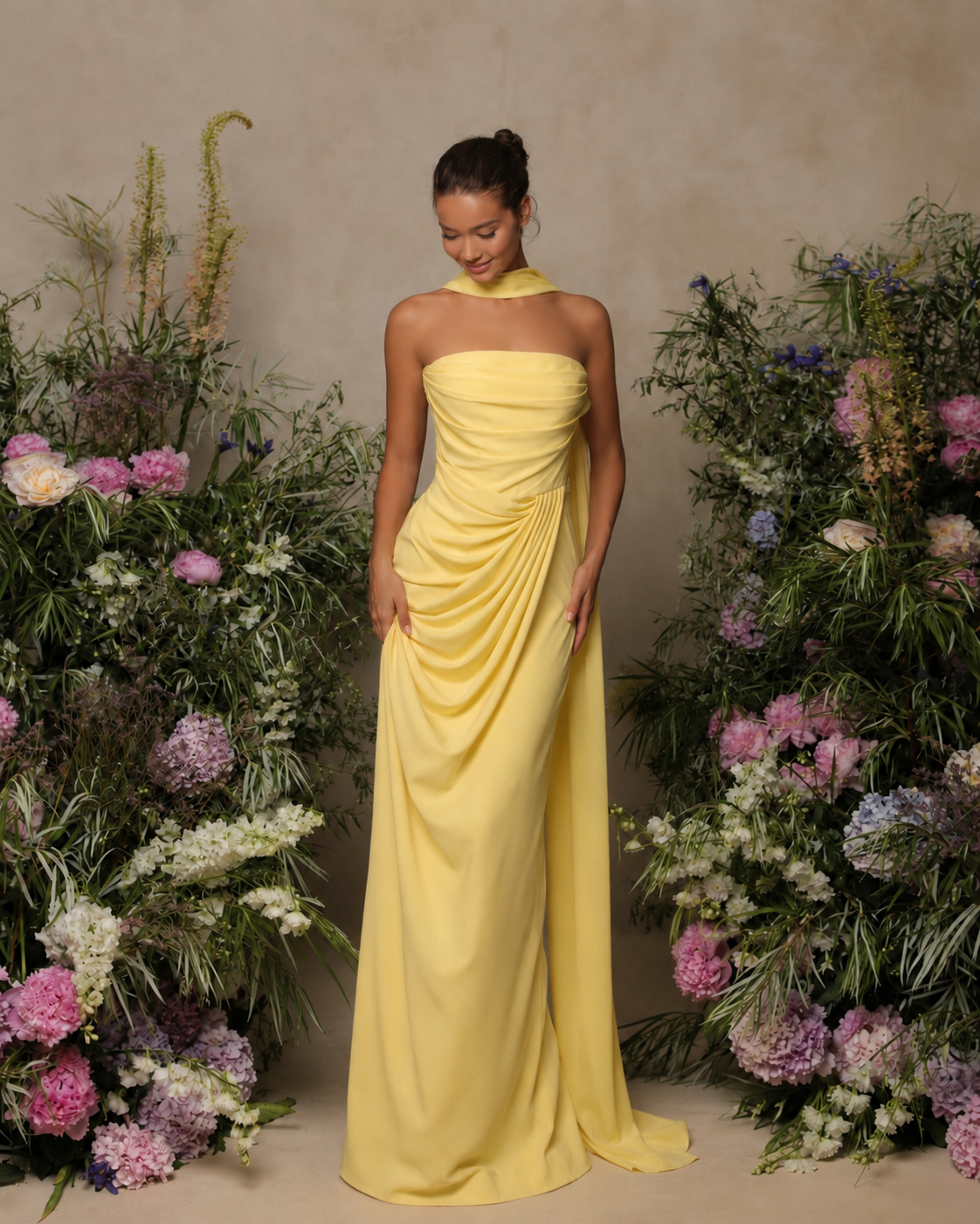Vestido Ti.Amo Longo Decote Drapeado & Drapeados Volumosos