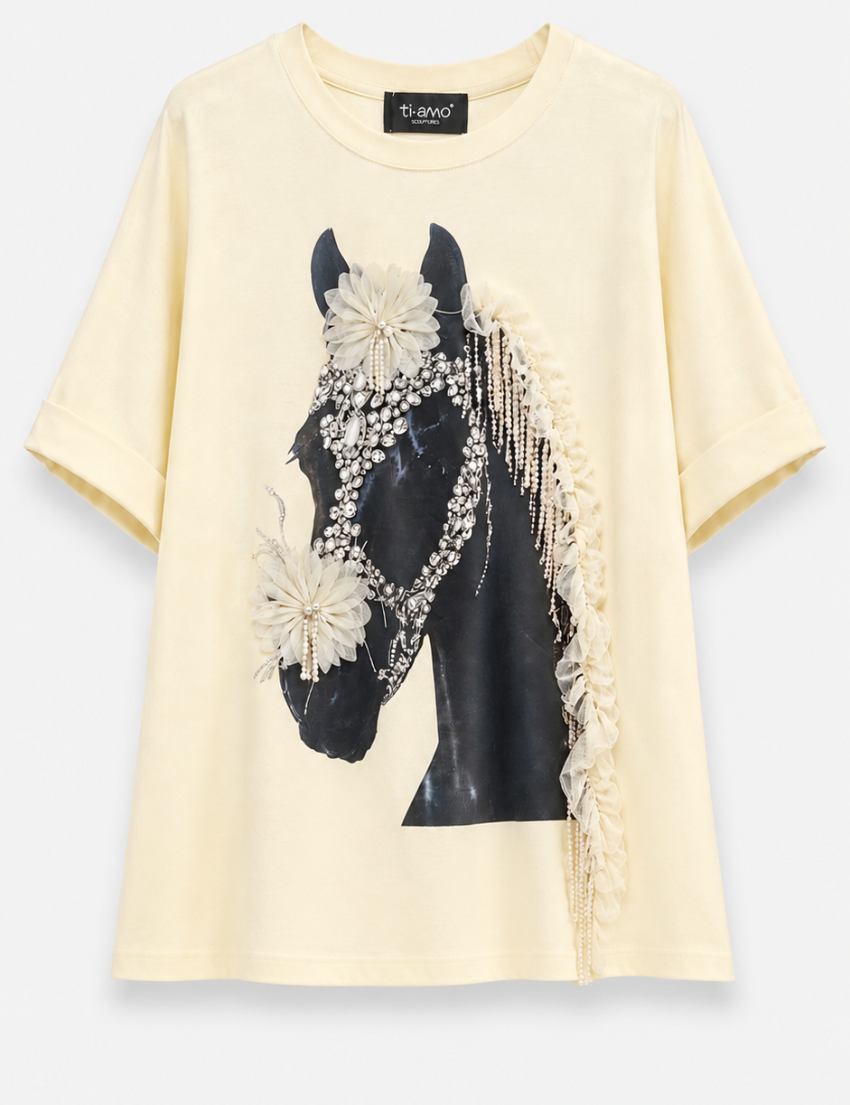 T-Shirt Ti.Amo Curta Estampada Com Aplicação Tule