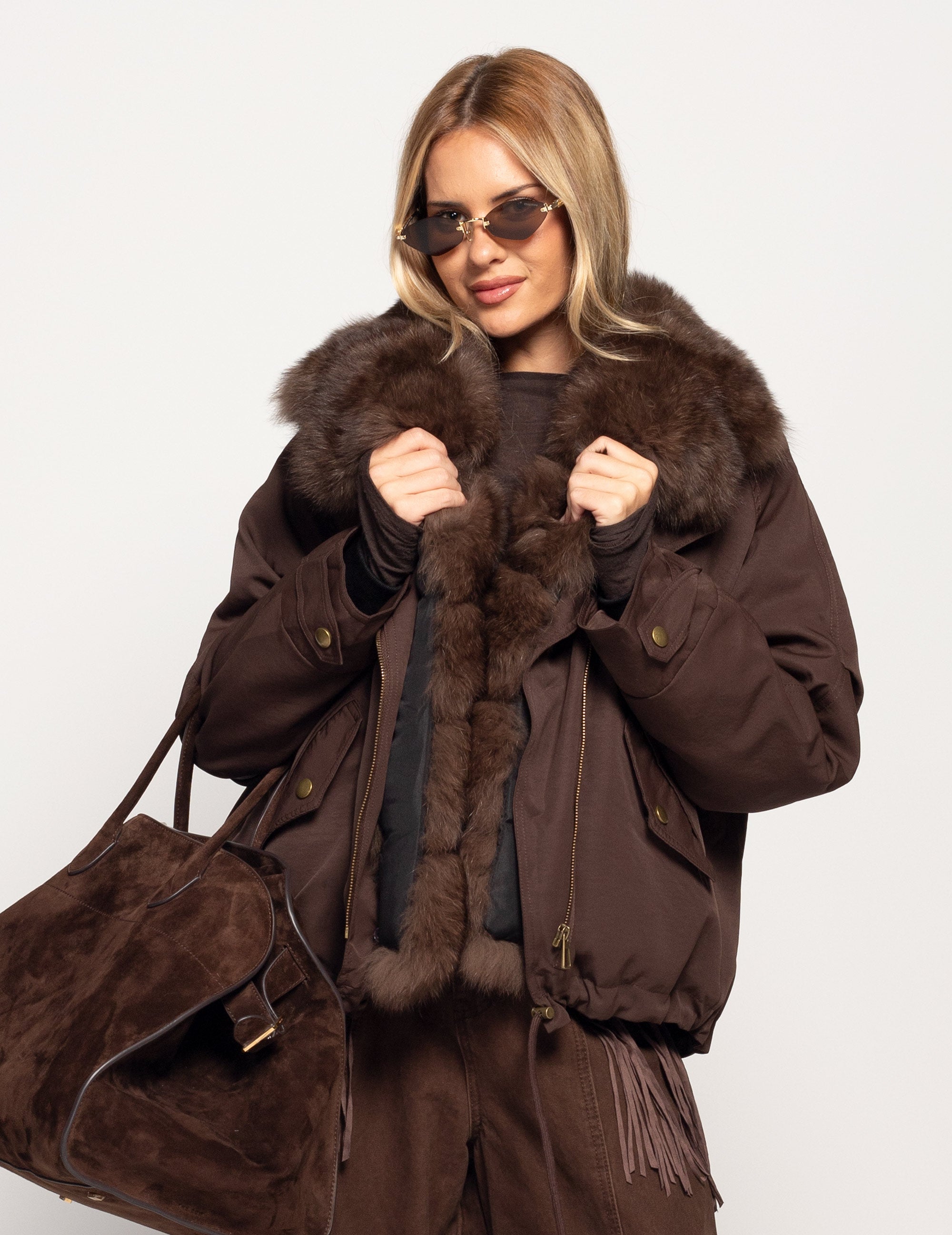 Blusão Ti.Amo De Penas De Ganso Gola Pêlo Natural Raposa