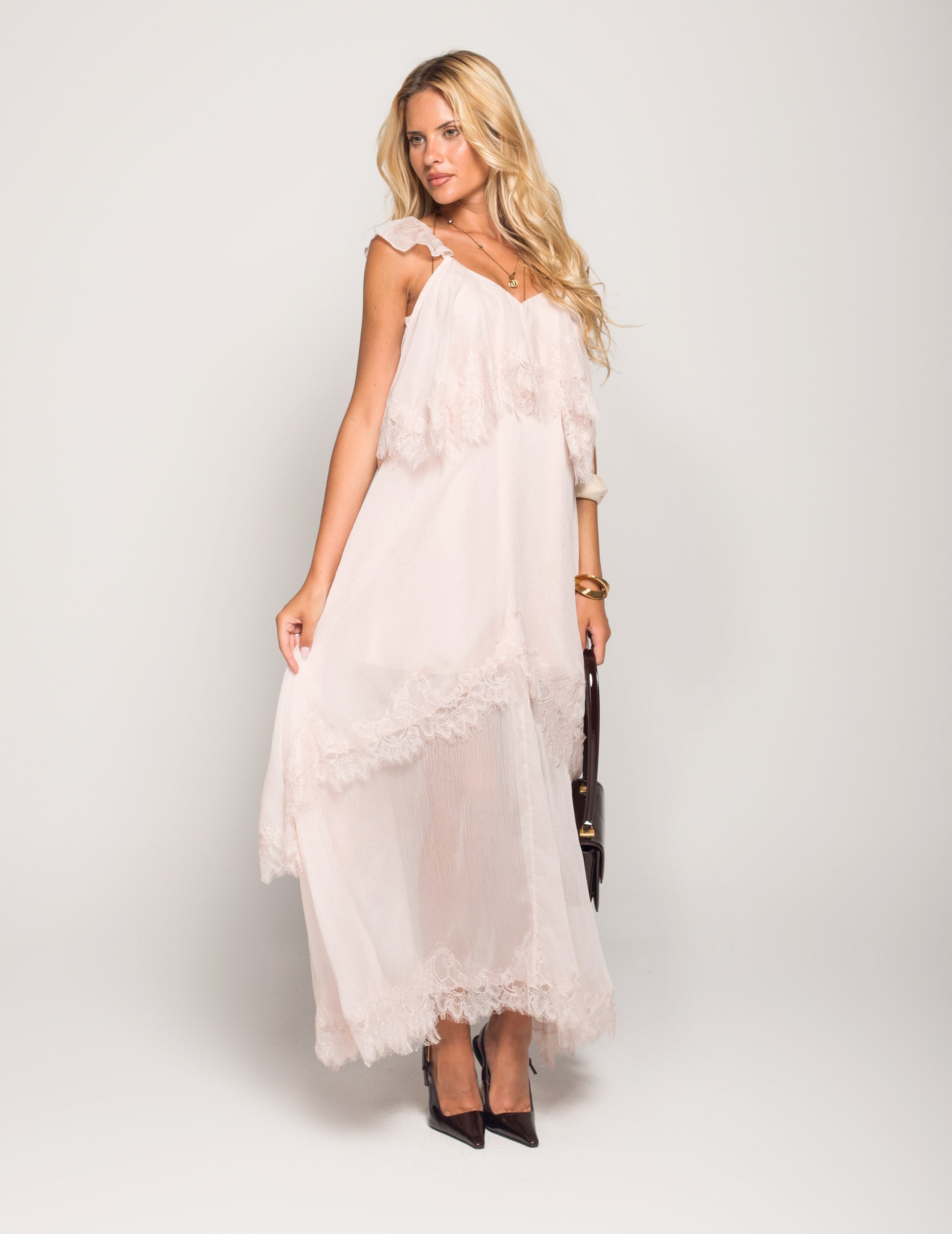 Vestido Ti.Amo Longo Com Detalhe De Folhos Com Guipura